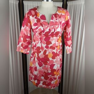 Boden 100% Linen Floral Leaf‎ Print Pink 3/4 Sleeve Dress w/V-Neck Size 4P